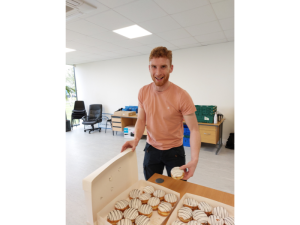Donuts for staff at Arrotek with Sligo's Sean Carrabine