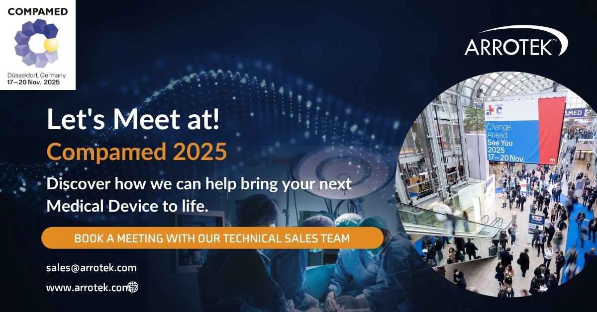 Arrotek team attending COMPAMED 2025 medical technology trade fair in Düsseldorf, Germany